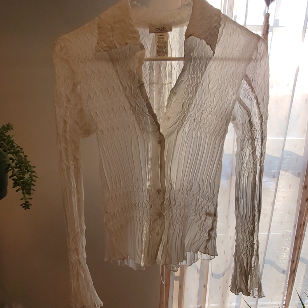 XS Cache sheer lace-trim blouse